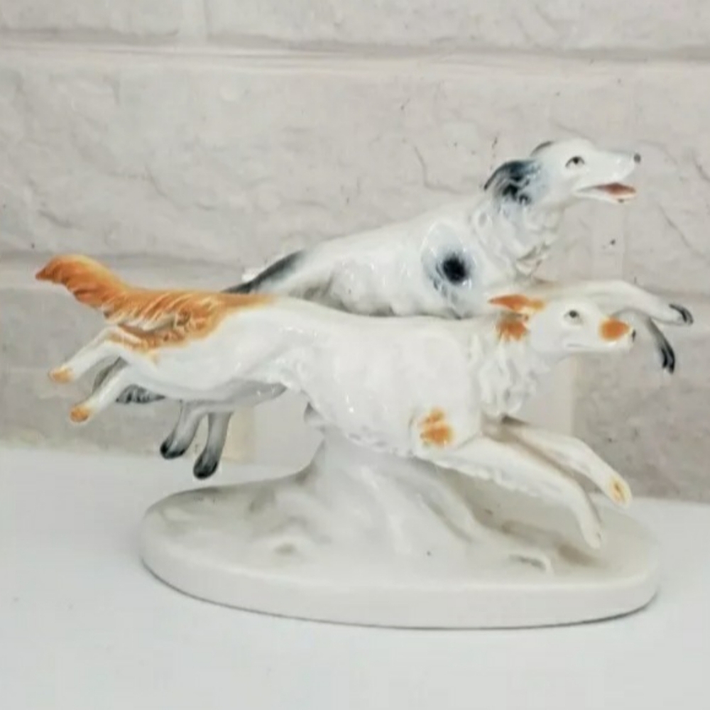 Porcelain Art Deco Figurine of 2 Borzoi Dogs, Vintage, Branded